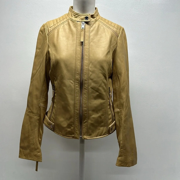 Michael Kors 100% Genuine Leather Jacket Moto Coat Full Zip Light Tan NWOT Small - Picture 1 of 12